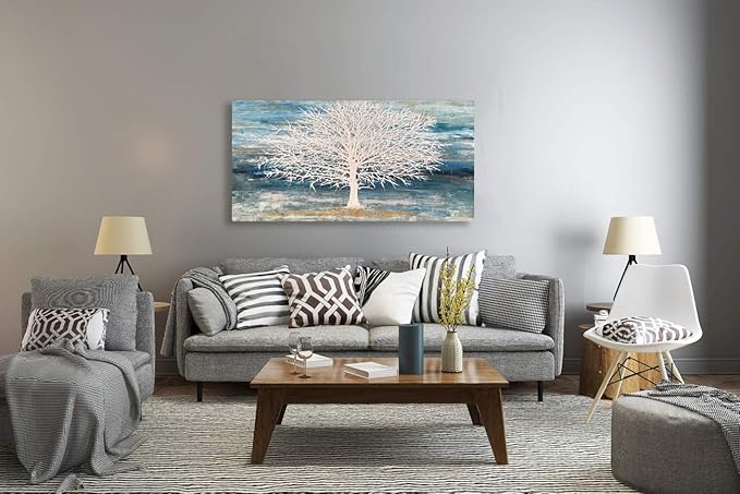 RICHSPACE ARTS Modern Tree Canvas Wall Art Teal Blue and White Pictures Large Abstract Decor Framed Landscape Oil Painting Artwork with 3d Texture and Gold Foil for Living Room Bedroom(20W*40L