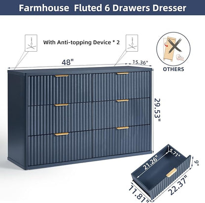 LEYAOYAO Fluted 6 Drawers Dresser, 48" Wide Modern Chest of Drawers with Wood Grain Top, Curved Profile Design, Dresser TV Stand, Wood Drawer Organizer for Bedroom, Living Room, Hallway,Blue