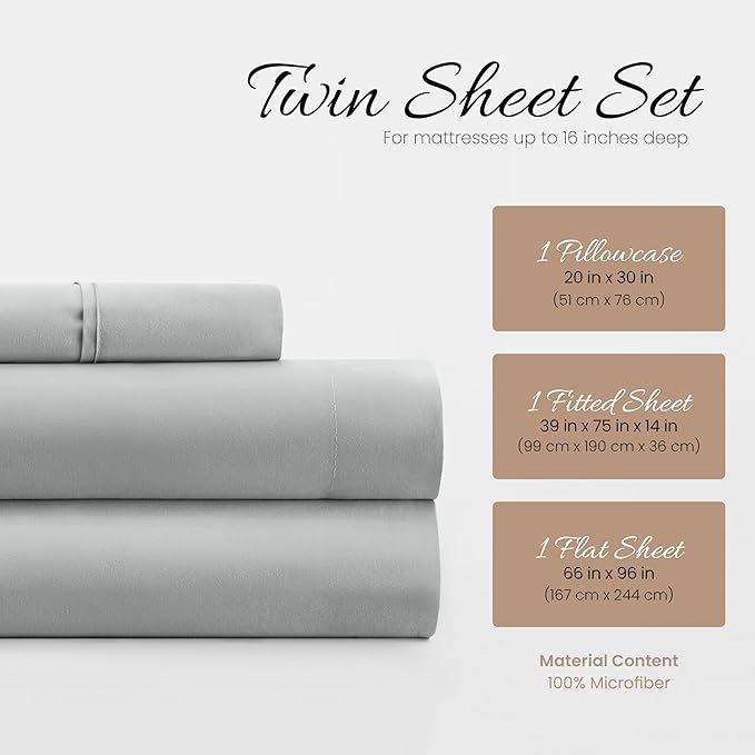 Linen Market Bed Sheets for Twin Size Bed (Light Gray) - Sleep Better Than Ever with These Soft and Cooling Twin Sheets - Deep Pocket Fits 16" Thick Beds - 3 Piece Twin Sheet Set
