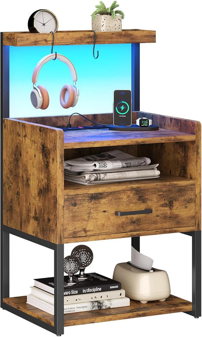 VIAGDO Nightstand with Charging Station and LED Lights, Rustic Brown Night Stand with Drawer, Modern End Side Table with Open Storage Shelves, Bedside Tables for Bedroom, Office