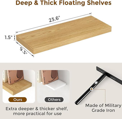 Fun Memories Floating Shelves for Wall, 24 x 9.3 Floating Shelf Wall-Mounted, Rustic Wood Bathroom Shelf Set of 2, Deep Bookshelf Storge Shelves for Living Room, Bedroom, Farmhouse, Oak Color
