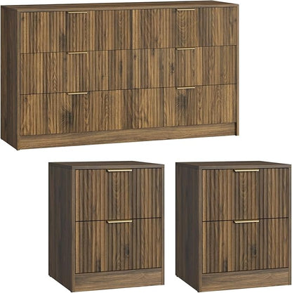 6 Drawer Dresser & Nightstand Set 3-Piece, 55” Wide Fluted Dresser and Night Stand Set of 2 with Metal Handle, Modern Wood Chest of Drawers Storage Dressers Set for Bedroom, Walnut