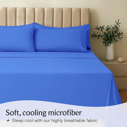 LuxClub 4 PC Sheet Set Bed Sheets Deep Pockets 16" Eco Friendly Wrinkle Free Cooling Machine Washable Hotel Bedding Silky Soft - Marine Blue California King