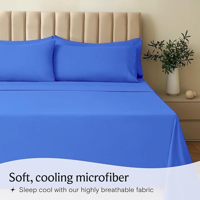 LuxClub 4 PC Sheet Set Bed Sheets Deep Pockets 16" Eco Friendly Wrinkle Free Cooling Machine Washable Hotel Bedding Silky Soft - Marine Blue Full