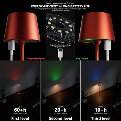 Modern LED Color-Changing Cordless Table lamp, 7 Colors, metal Shade, Touch control with sleep mode for Restaurant, Bedroom, Outdoor Camping, Coffee Shop, Night Light, Rechargeable(Red 1 PACK)