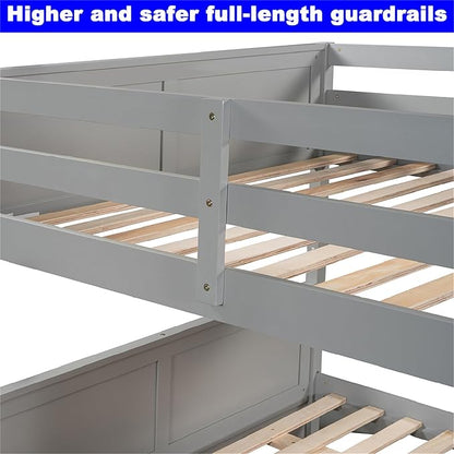 Upgraded Version Best Full Over Full Bunk Bed with Trundle, Thicken Solid Wood Full Size Bunk Bed, Bunkbed Frame Full Over Full, Convertible to 2 Beds, Easy Assembly for Adults (Grey)