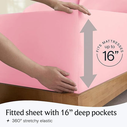 LuxClub 4 PC Sheet Set Bed Sheets Deep Pockets 16" Eco Friendly Wrinkle Free Cooling Machine Washable Hotel Bedding Silky Soft - Baby Pink Queen