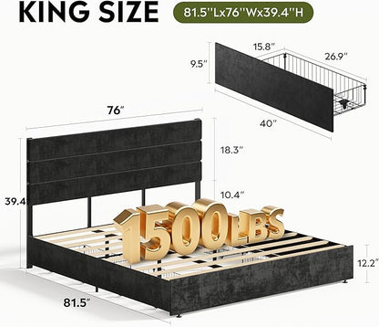 WLIVE King Size Upholstered Bed Frame with 4 Storage Drawers and Headboard, Velvet Platform Bedframe, Sturdy Metal & Wooden Slats Support, No Box Spring Needed, Easy Assembly, Black