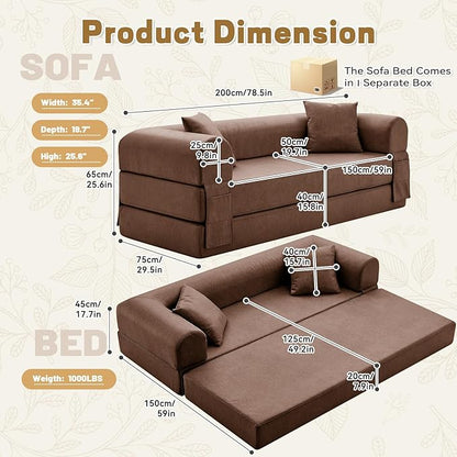 Convertible Sleeper Sofa Bed,78.5 Inch Faux Leather Futon Couch with Pillows & Storage Pocket,5-in-1 Folding Sofa Bed Queen with Pull Out Beds,Boneless Couches for Living Room,Couch in a Box,Brown