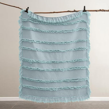 Ultra Soft Pre-Washed Warm Quilted Throw Blanket, Ruffle Fringed Blue Green Boho Decorative Throw, Stone Washed Chic Rustic Blanket for Sofa Couch Bed Chair, 50"x 60"