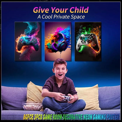 Gaming Room Decor Canvas Wall Art Set of 3 - Cool Video Gaming Theme Wall Decor, Gamer Paintings Picture Print for Teen Boys Room 12x16 inch Framed