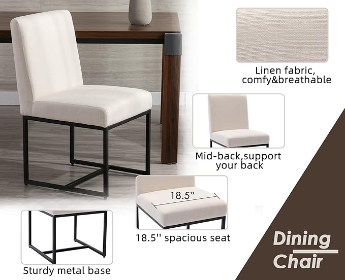 CIMOTA Modern Linen Dining Chair Set of 6, Mid Century Dining Room Chairs Fabric Upholstered Armless Side Chair with Black Sled Base for Dining Room, White Cream 6PCS