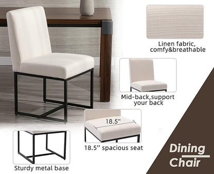 CIMOTA Modern Linen Dining Chair Set of 6, Mid Century Dining Room Chairs Fabric Upholstered Armless Side Chair with Black Sled Base for Dining Room, White Cream 6PCS