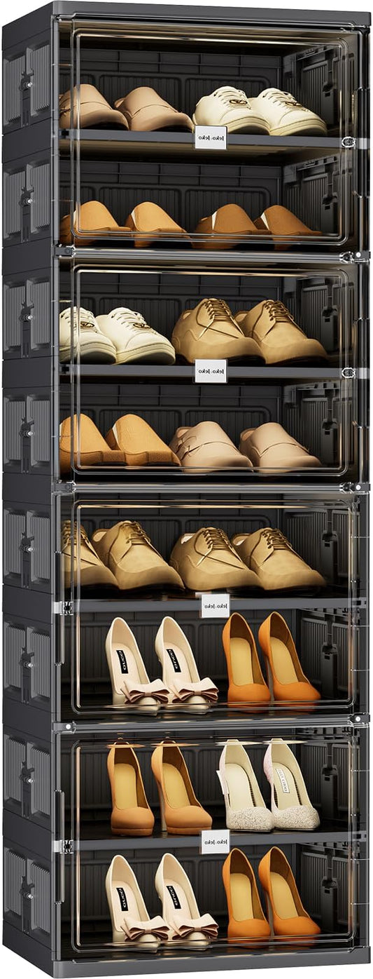 JEKO&JEKO 8-Tier Foldable Shoe Storage Cabinet with Magnetic Doors, Large Stackable Shoe Organizer Cabinet for Entryway (Black)