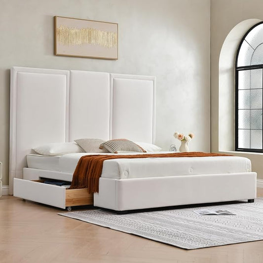 YUHUASHI King Size Bed Frame with 64-inch High Headboard, Simple and Airy Linen Upholstered Platform Bed with Storage Drawers, Wood Slat, No Noise (White, King (U.S. Standard))