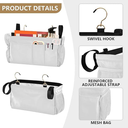 KOPIRIT White Bedside Caddy Storage Bag Bedside Organizer for Bunk Bed Headboards College Hanging Storage Organizer 6 Pockets with Hooks for Drinks Magazine Phone Holder