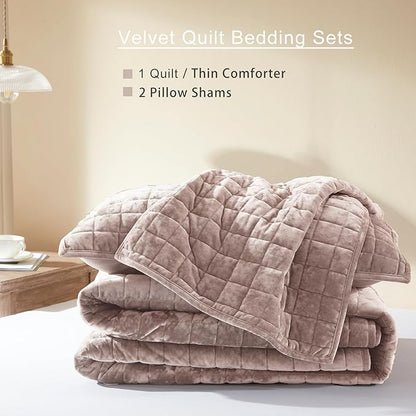 LEAONME Velvet Quilt Oversized California King-120''x120'', Lightweight Dusty Pink Comforter Set with 2 Pillow Shams, Oversized Bedspread Coverlet Quilted Bedding Set for All Season