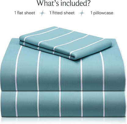 LuxClub 3 PC Twin Sheet Set, Deep Pockets Wrinkle Free Cooling Bed Sheets Hotel Bedding for Women, Men, Kids & Teens, Includes 1 Fitted Sheet, 1 Flat Sheet and 1 Pillowcase-Striped - Light Blue