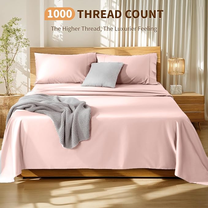 LBRO2M 100% Cotton Sheets Set Deep Pocket 19", 1000 Thread Count King Size 4 Piece Bed Sheet Sets Soft Comfortable Bedding All Season (King, Pink)