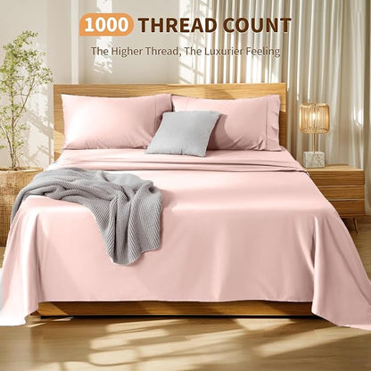 LBRO2M 100% Cotton Sheets Set Deep Pocket 19", 1000 Thread Count California King Size 4 Piece Bed Sheet Sets Soft Comfortable Bedding All Season (California King, Pink)