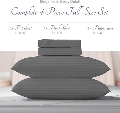 Carressa Linen Luxury Egyptian Cotton Full Stripe Sheet Set, 600 Thread Count Extra Long Staple 4 PC Set, Full Damask Sheets, Soft, Cooling Sateen Weave Striped Sheets Upto 18" Deep Pocket - Dark Grey
