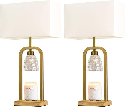 PoKat Gold Table Lamps with Candle Warmer & Timer for Bedroom, Mid Century Modern Modern Bedside Lamps Set of 2 for Night Stands, 21.5'' Bedroom Lamps Decor for Living Room Hallway, Bulbs Included