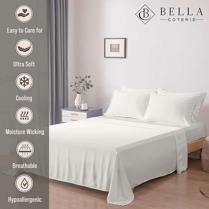 Bella Coterie 6 Piece Luxury Bamboo Viscose King Size Sheet Set | 100% Organically Grown | Cooling for Hot Sleepers | 18" Deep Pocket | Soft & Hypoallergenic | 4 Pillowcases [Ivory]