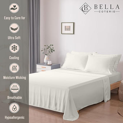 Bella Coterie 6 Piece Luxury Bamboo Viscose Split Top King Size Sheet Set | 34" Split for Adjustable Beds | 100% Organically Grown| Cooling | 18” Deep Pocket | 4 Pillowcases [Ivory]