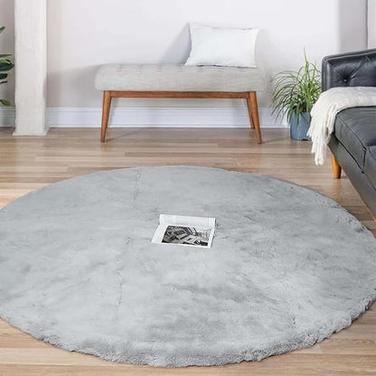 Latepis Grey Shag Rugs 5ft Round Rug Washable Faux Rabbit Fur Rug Fluffy Fuzzy Soft Circle Rugs for Living Room Bedroom Nursery Boho Teen Room Decor