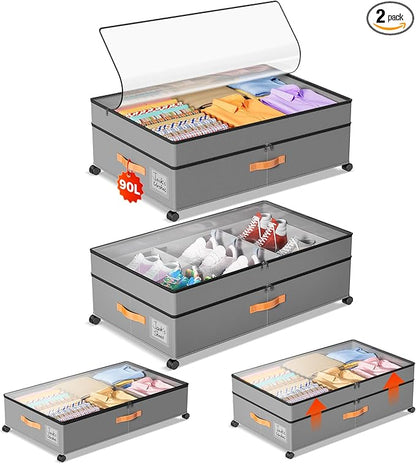 Under Bed Storage with Wheels, Large Capacity UnderBed Containers with Clear Lids, Shoe Organizer Under Bed Drawers, Rolling Under the Bed Storage for Clothes, Shoes, Blankets