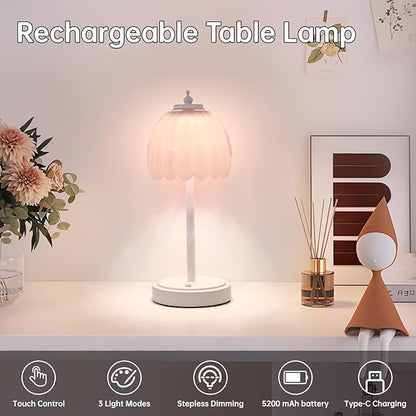 Tulip Table Lamp with 5200mAh Battery & Touch Control, Cordless Small Table Lamp with 3 Colors, Dimmable Rechargeable Table Lamps for Living Room, Bedroom, Desk, Bedside (Creamy Pink Tulip)