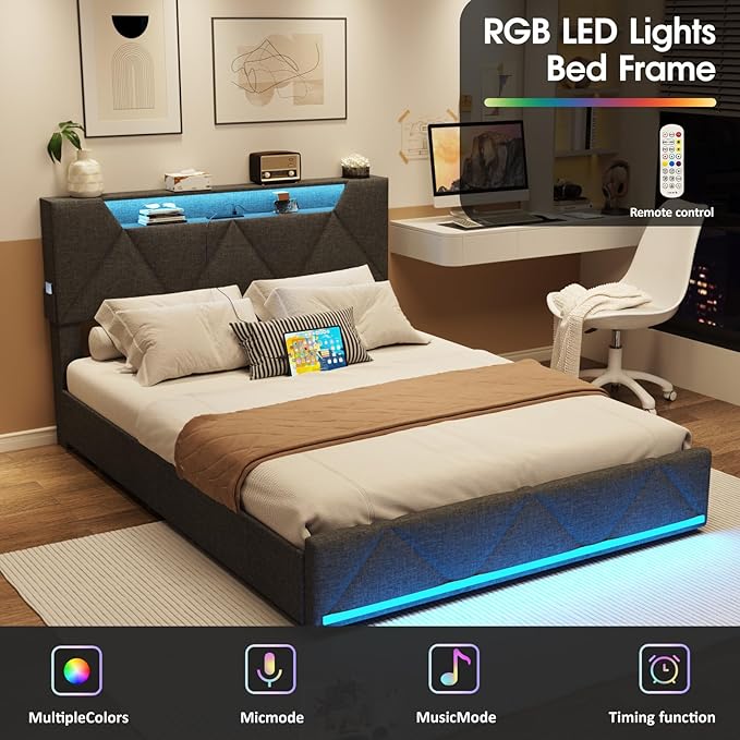 Vabches Full Size Bed Frame with Storage Headboard and 4 Drawers,Upholstered Platform with Charging Station and Led Lights,Adjustable Headboard,No Box Spring Needed,Dark Grey