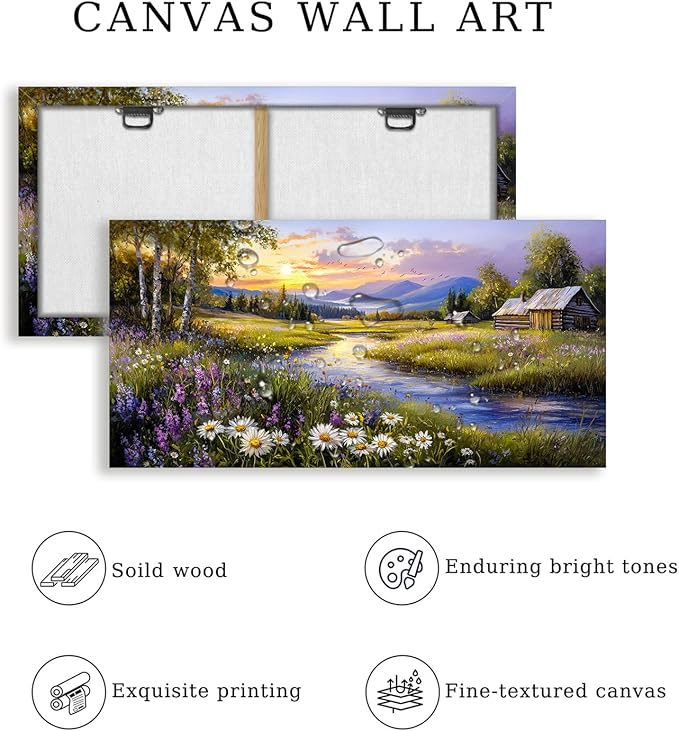 SERIMINO Large Wall Art for Living Room, River Landscape Wall Art, Meadow Wildflower Canvas Art Prints, Countryside Sunset Paintings Wall Decor for Bedroom, Farmhouse Kitchen Decor Pictures 24"X48"