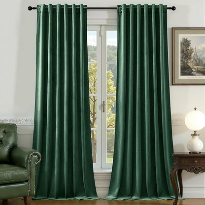 AUSSPVOCT Velvet Curtains 90 Inches Long 2 Panels for Bedroom, Thermal Insulated Room Darkening Luxury Soft Blackout Curtain Back Tab Rod Pocket Window Drapes for Living Room, W52 x L90, Dark Green