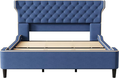 Christopher Knight Home Salus Linen Upholstered King Size Bed Frame with Headboard, Modern King Bed Frame and Headboard, Wooden Slats Support, Easy Assembly, No Box Spring Needed, Blue
