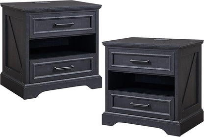 ACCOHOHO 24" Farmhouse Nightstand Set of 2 with Charging Station, 2 Drawers Large Bedside Table with Open Shelf, Rustic End Table for Bedroom - Black