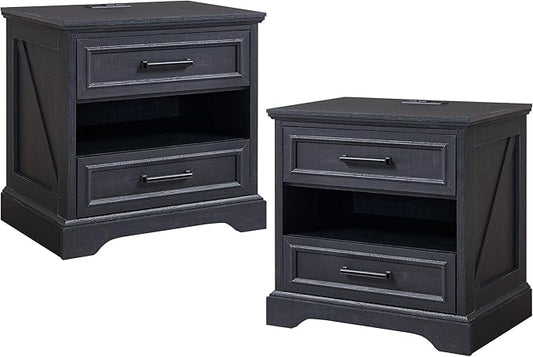 ACCOHOHO 24" Farmhouse Nightstand Set of 2 with Charging Station, 2 Drawers Large Bedside Table with Open Shelf, Rustic End Table for Bedroom - Black