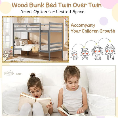 KOMFOTT Wood Bunk Bed Twin Over Twin, Bunk Bed with Ladder & Safety Guardrail, Solid Wood Bed Frame, Ideal for Dormitory & Multiple-Child Family, No Box Spring Needed, Kids Bunk Bed