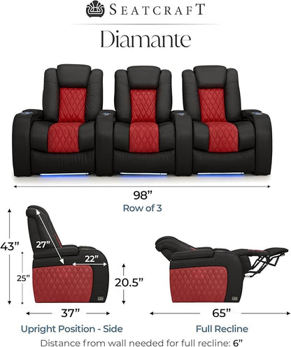 Seatcraft Diamante Zero-Gravity CoolZero Italian Leather Home Theater Seating, Power Headrest, Power Recline, Row of 3, Black/Red