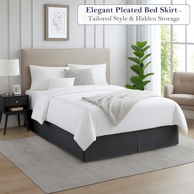 Full Bed Skirt, Luxury 18 Inch Drop Dark Grey Pleated Bed Skirt, Double Brushed Microfiber, Box Pleat Design, Wrinkle & Fade Resistant, Easy Fit Tailored Bedskirt for Full Size Beds