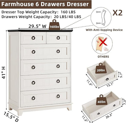 Farmhouse 6 Drawer Dresser for Bedroom Set of 2, 41" Tall Small Dressers & Chest of Drawers, Rustic Wood Dresser with Metal Handle, Storage Organizer Closet for Living Room, Hallway, Entryway