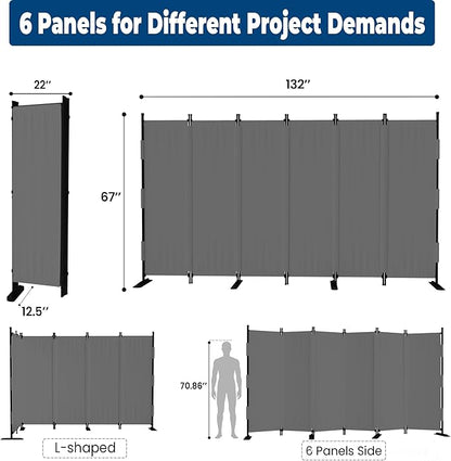 Room Divider, 6 Panel Upgraded Folding Privacy Screen, 132” Highly Secretive Separation with 4 Metal Feet, Partition Screen, Lightweight Freestanding Wall Divider Bedroom (Grey)