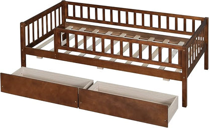 Bellemave Twin Bed Frames with Rails for Kids, Twin daybed Frame with Drawers for Boys/Girls/Adults， Walnut