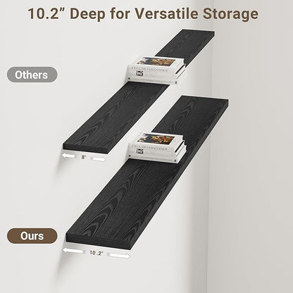 Vivelove 55 Inches Floating Shelves Wall Mounted, 10" Deep Wall Shelves for Bedroom, Bathroom, Living Room, Kitchen, Office, Home Decor, Modern Shelf, Set of 2, Black, 55x10.2x1.5
