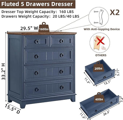 Farmhouse 5 Drawer Dresser for Bedroom, 33.2" Tall Small Dressers & Chest of Drawers, Rustic Wood Dresser with Metal Handle, Storage Organizer Closet for Living Room, Hallway, Entryway