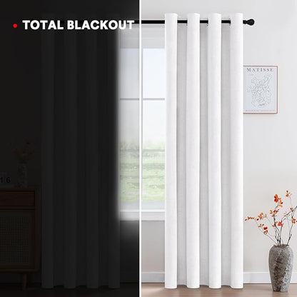 PrinceDeco Natural Linen Curtains 100% Blackout Curtains for Living Room 96 Inch Long,Heat & Light Blocking Curtains for Kids Bedroom Thermal Insulated Window Drapes 2 Panels Set - Heathered White