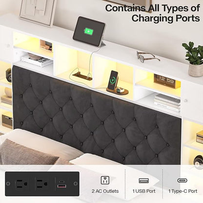 Queen Bed Frame with Bookcase Headboard and Storage Drawers, 51.2" Metal Platform Queen Size Bed Frame with Charging Station and LED Lights, Velvet Upholstered Tufted Bed Frames, White
