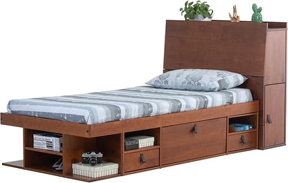 memomad Bali Set: Storage Platform Bed with Drawers + Bookcase Headboard (Twin Size, Caramel Brown Wood)