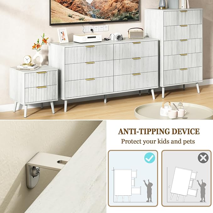 CARPETNAL Fluted 6 Drawer Dresser for Bedroom, 55" Wide Wooden Chest of Drawers with Rounded Corners, Gold Handles, Modern Storage Organizer for Bedroom, Hallway(White)