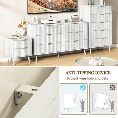 CARPETNAL Fluted 6 Drawer Dresser for Bedroom, 55" Wide Wooden Chest of Drawers with Rounded Corners, Gold Handles, Modern Storage Organizer for Bedroom, Hallway(White)